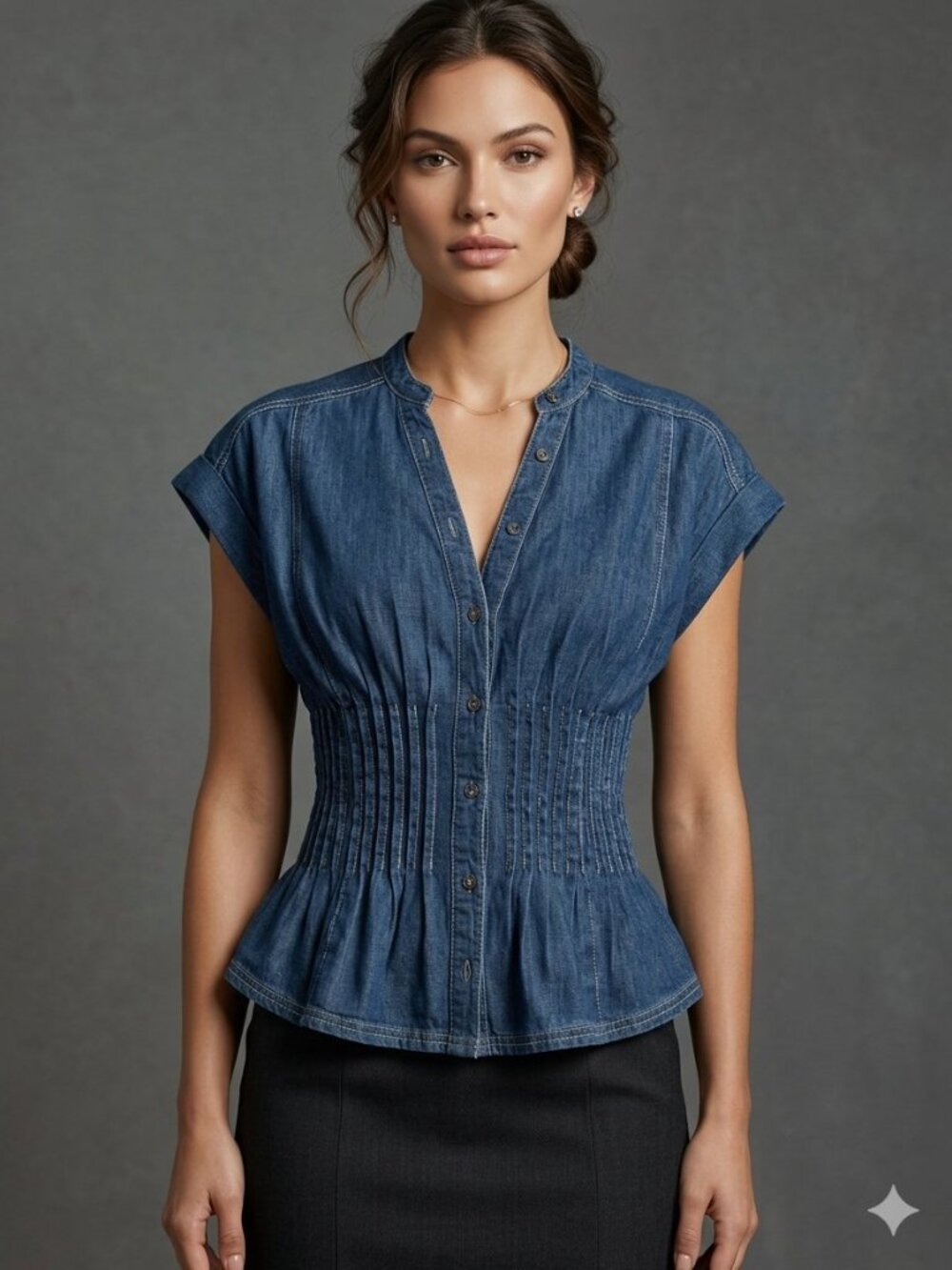 Pilcro The Linden Denim Pleated Corset Waisted Peplum Blouse M 100% Cotton